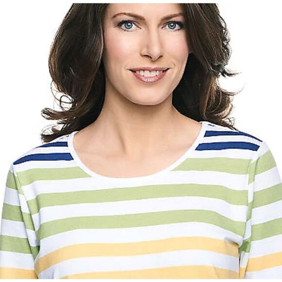 Denim & Co Womens 3X Perfect Jersey Top Green Stripe Color Block Scoop Neck NWT - Picture 1 of 4